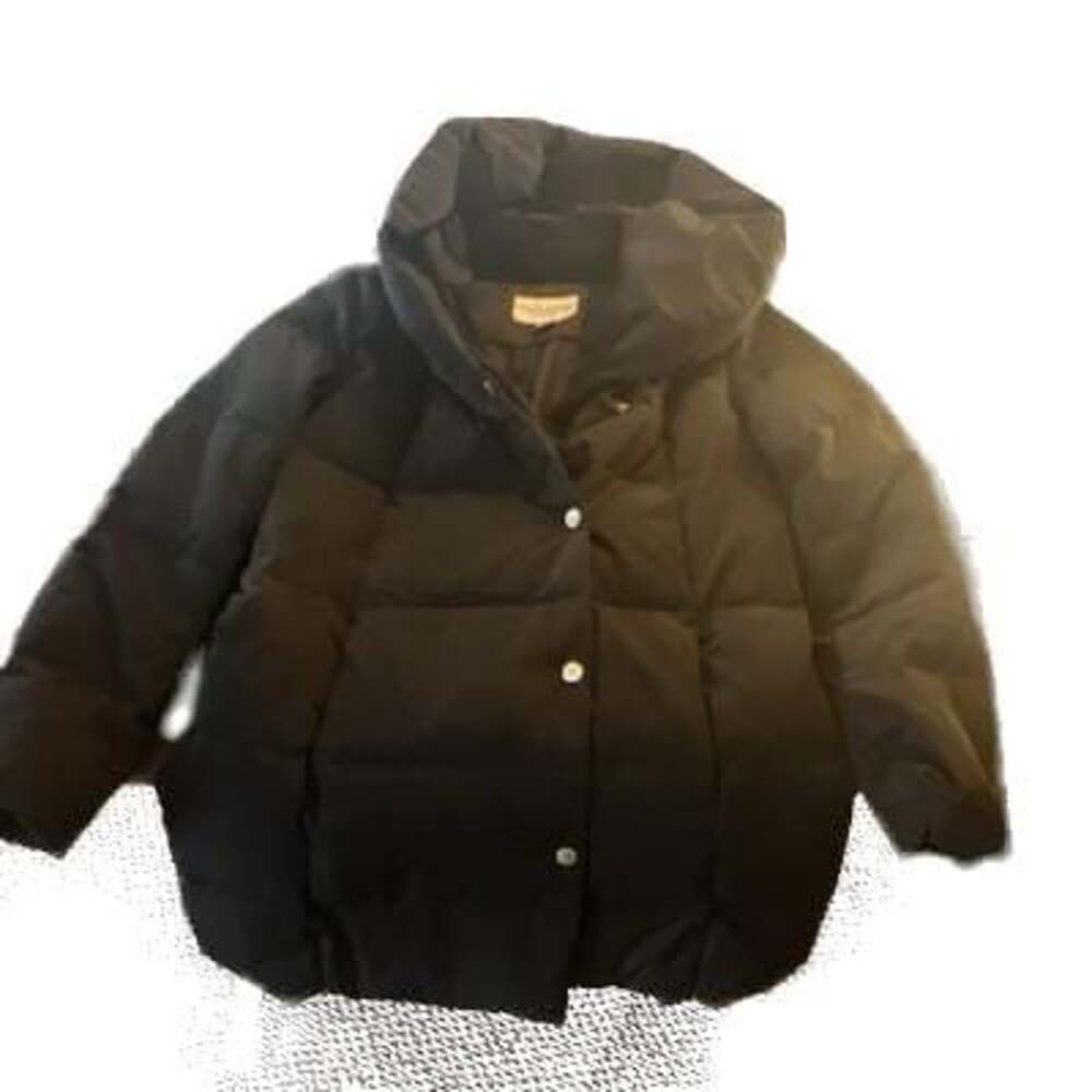 Cole Haan Womens Black Hooded Down Puffer Jacket Stand-Up Collar Button Small.